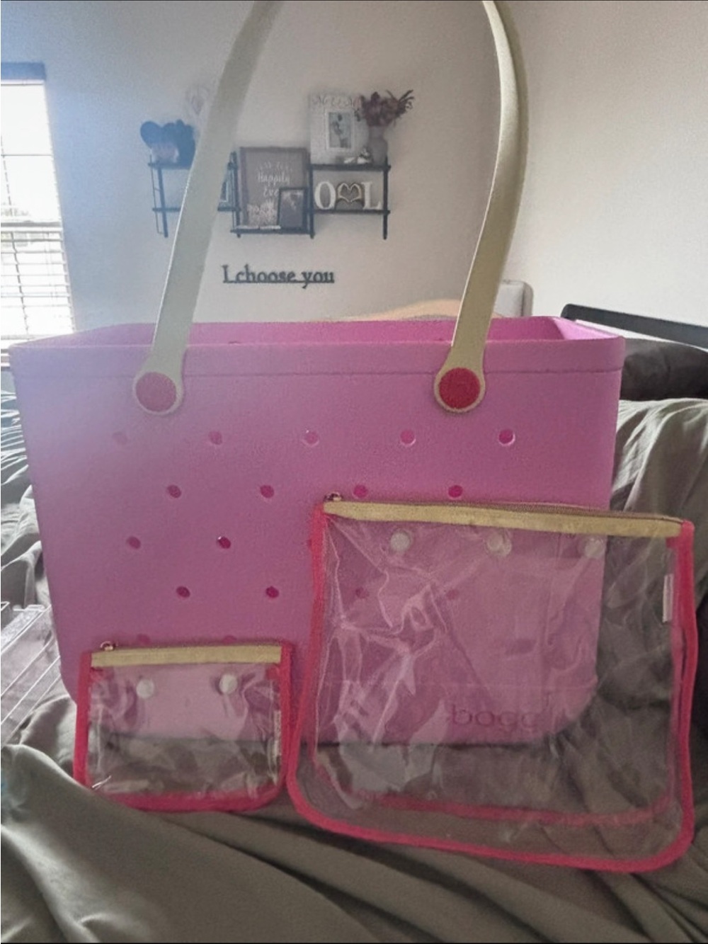 BOGG BAG Pink Tote with Gold Handles and Clear Pink-Trim Pouches